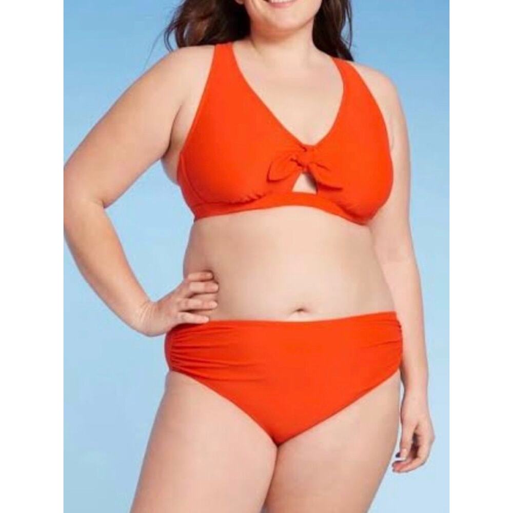 Kona Sol Vibrant Orange High-Waist Tie-Front Halter Bikini